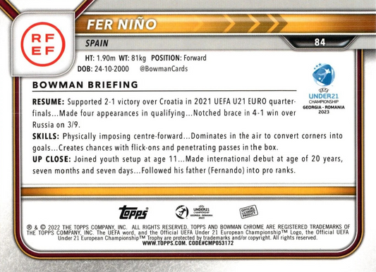 Fer Niño - 1st Bowman - Bowman Chrome UEFA Under 21 Championship Georgia y Romania 2023