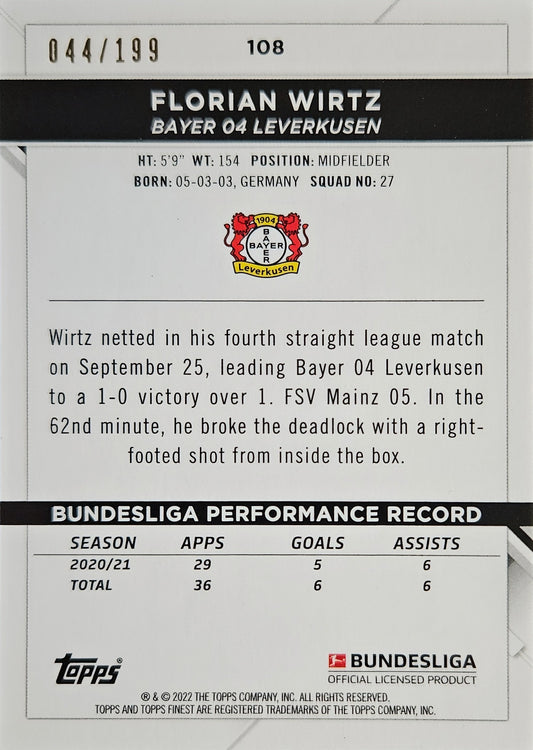 Florian Wirtz /199 - Topps Finest Bundesliga 21/22