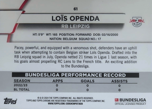 Loïs Openda - Topps Chrome Bundesliga 23/24