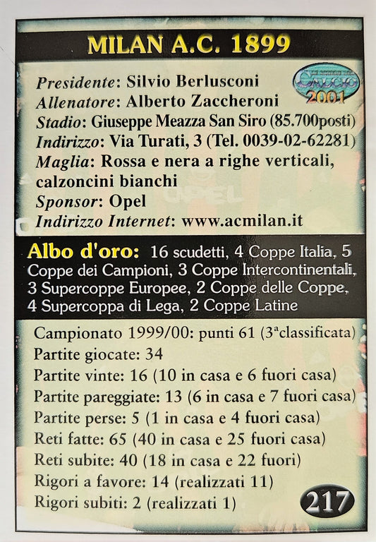 Milan 2000/2001 - Las Fichas del Calcio 2001