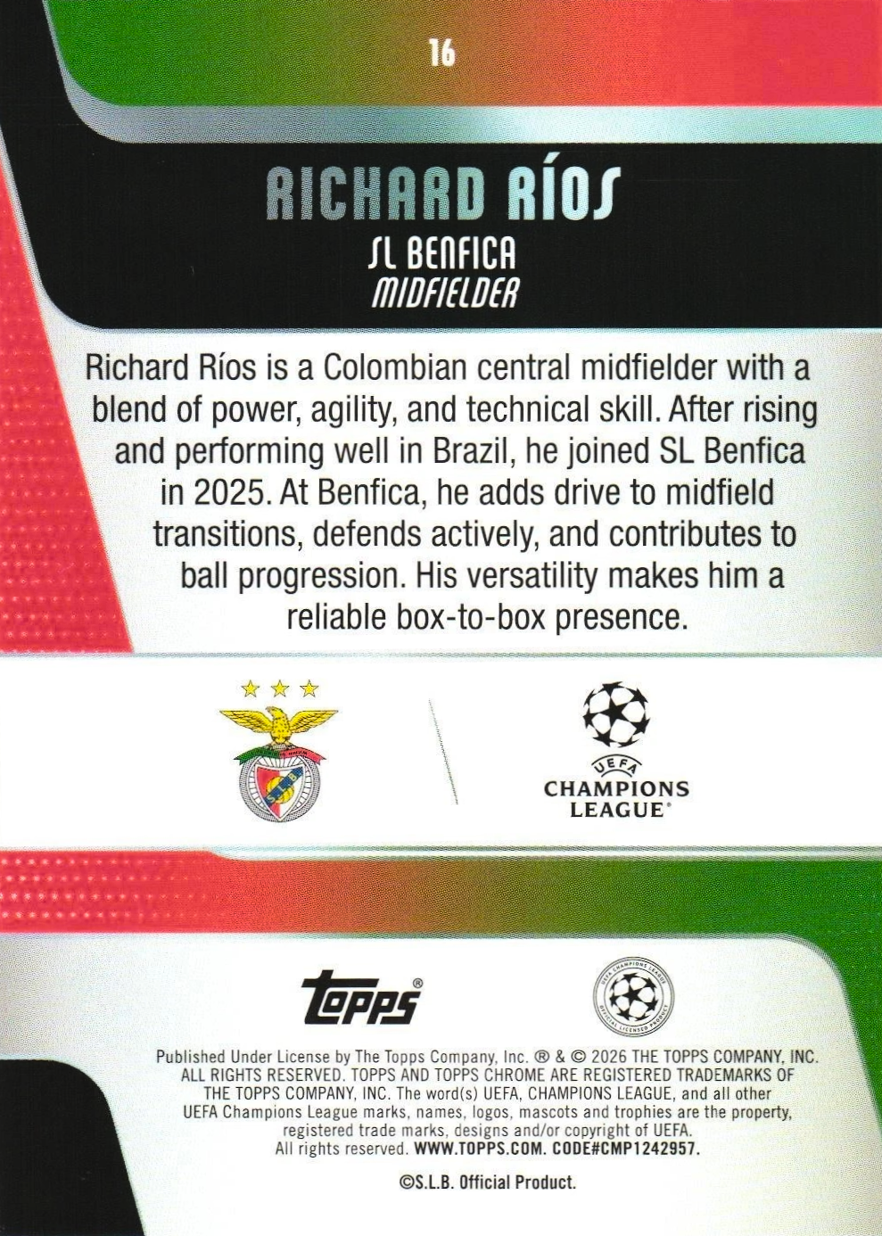 Richard Ríos (RC) - Topps Chrome UEFA Club Competitions 25/26