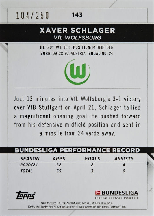 Xaver Schlager /250 - Topps Finest Bundesliga 21/22