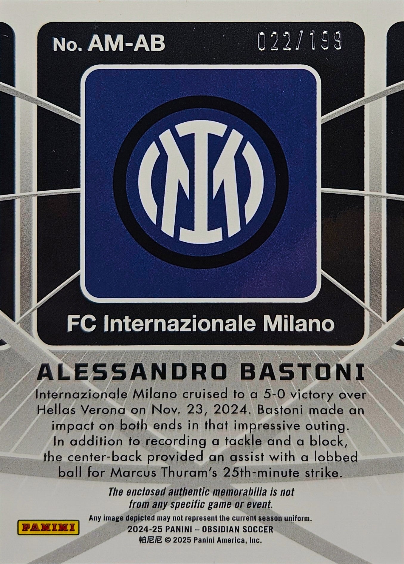 Alessandro Bastoni /199 - Parche - Obsidian Soccer 24/25