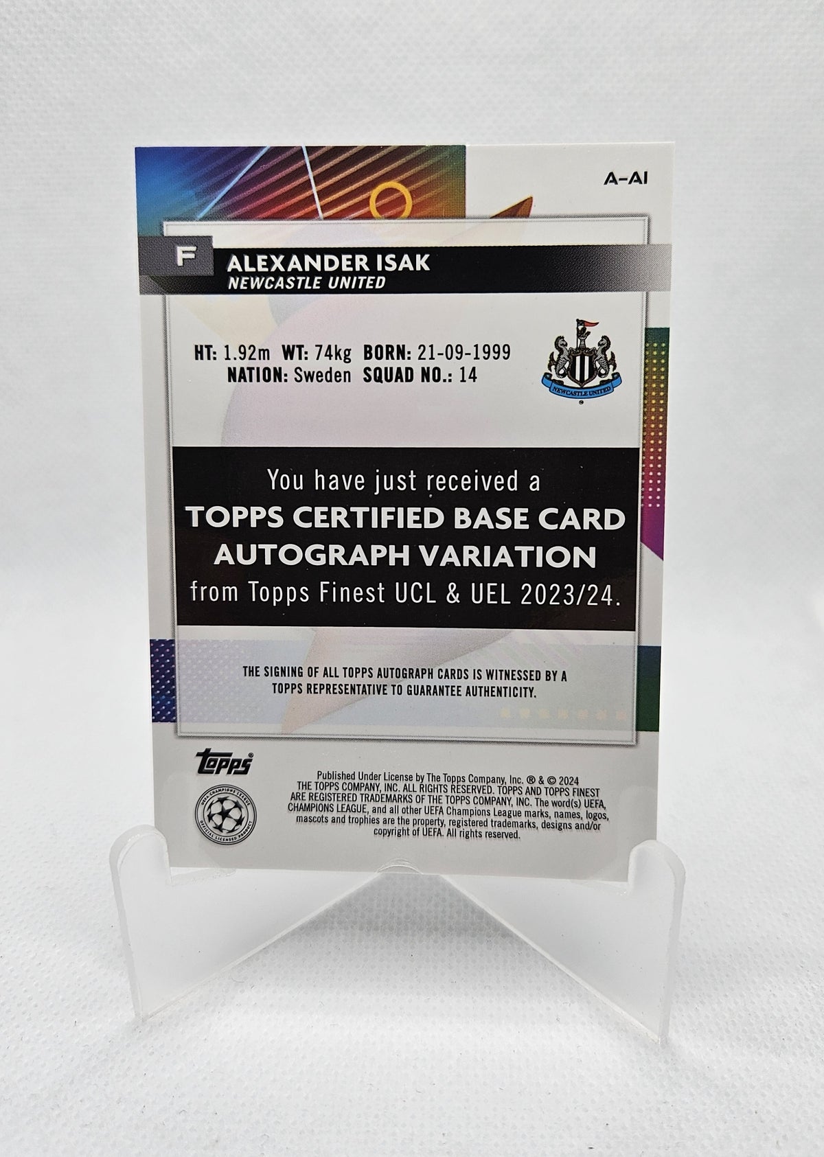 Alexander Isak - Autógrafo original - Topps Finest UEFA Club Competitions 23/24