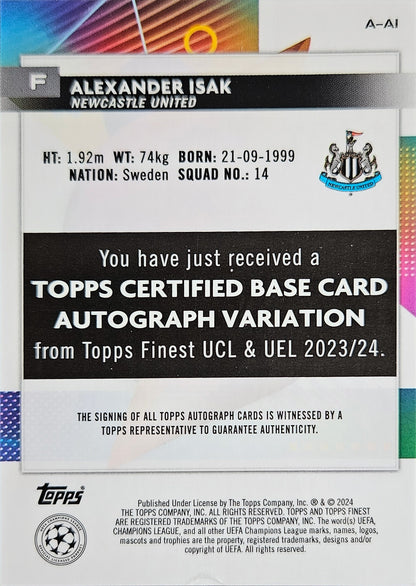 Alexander Isak - Autógrafo original - Topps Finest UEFA Club Competitions 23/24