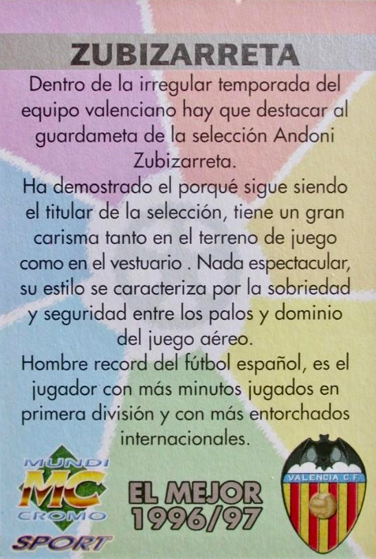 Andoni Zubizarreta - El mejor 1996/97 - Las Fichas de la Liga 97/98