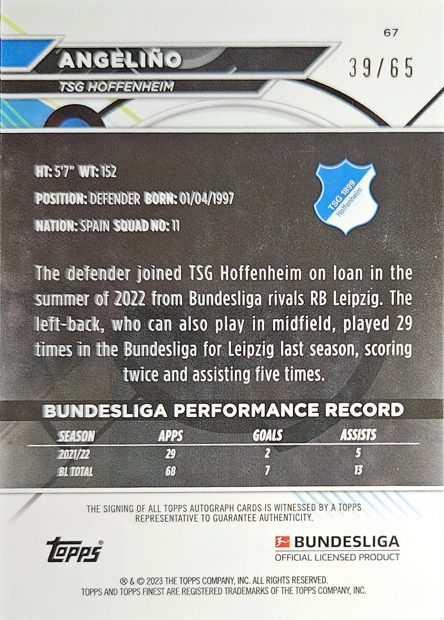 Angeliño /65 - Autógrafo original - Topps Finest Bundesliga 22/23