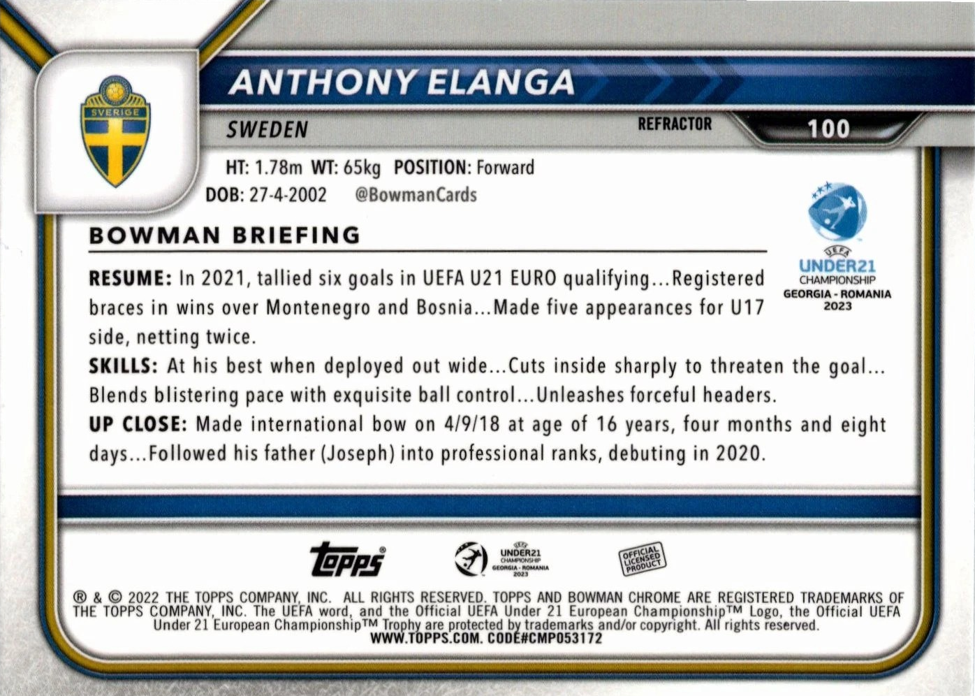 Anthony Elanga - 1st Bowman Refractor - Bowman Chrome UEFA Under 21 Championship Georgia y Romania 2023
