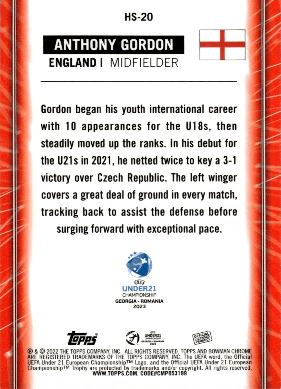 Anthony Gordon - Home Strip Hopefuls - Bowman Chrome UEFA Under 21 Championship Georgia y Romania 2023