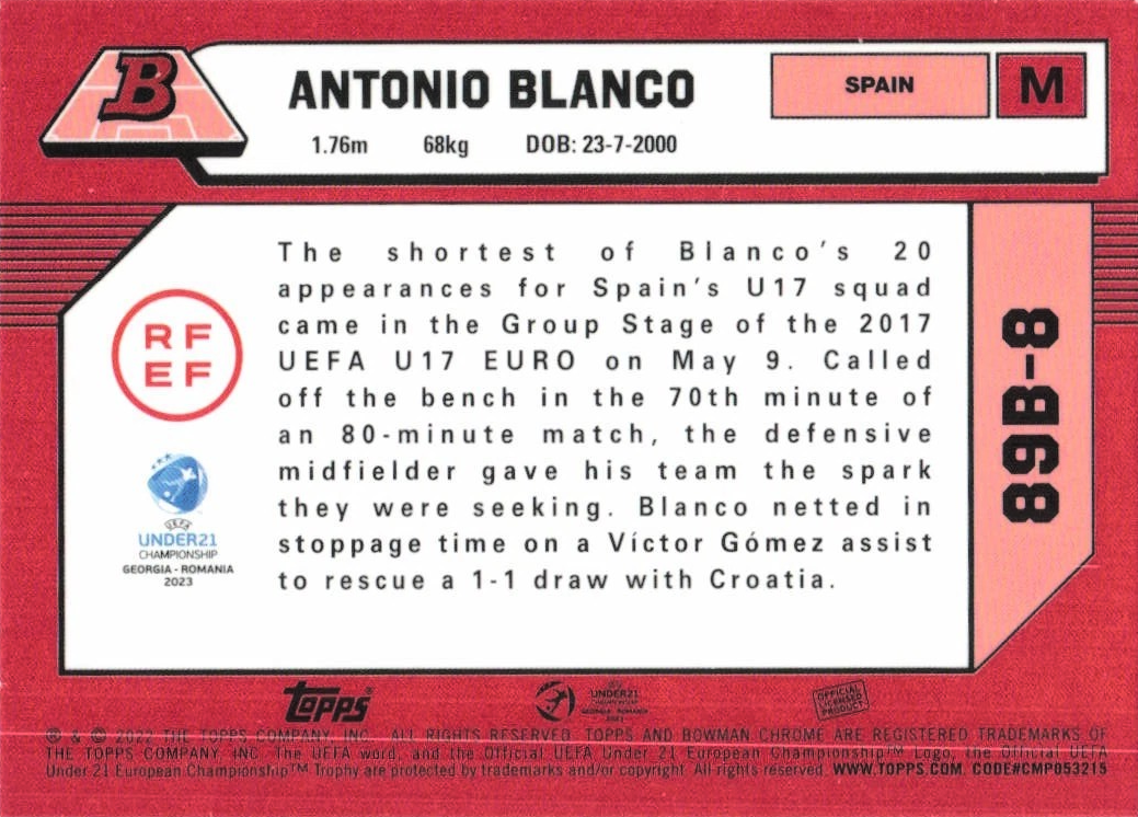 Antonio Blanco - Refractor 89B-8 - Bowman Chrome UEFA Under 21 Championship Georgia y Romania 2023