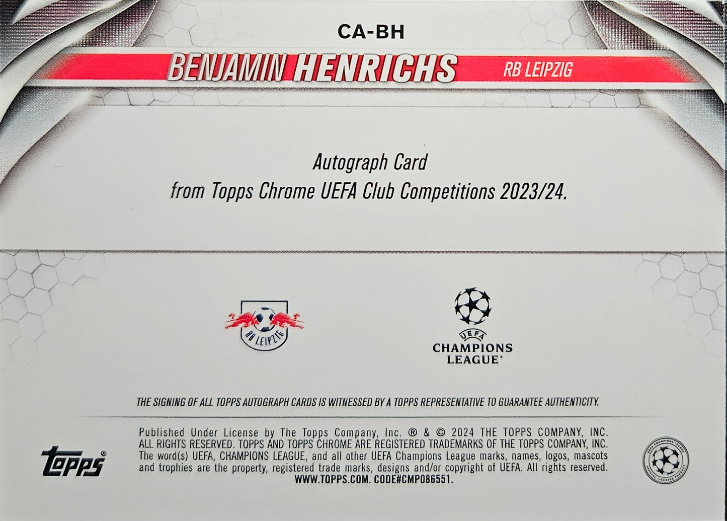 Benjamin Henrichs /199 - Autógrafo original - Topps Chrome UEFA Club Competitions 23/24 (Ed. Japonesa)