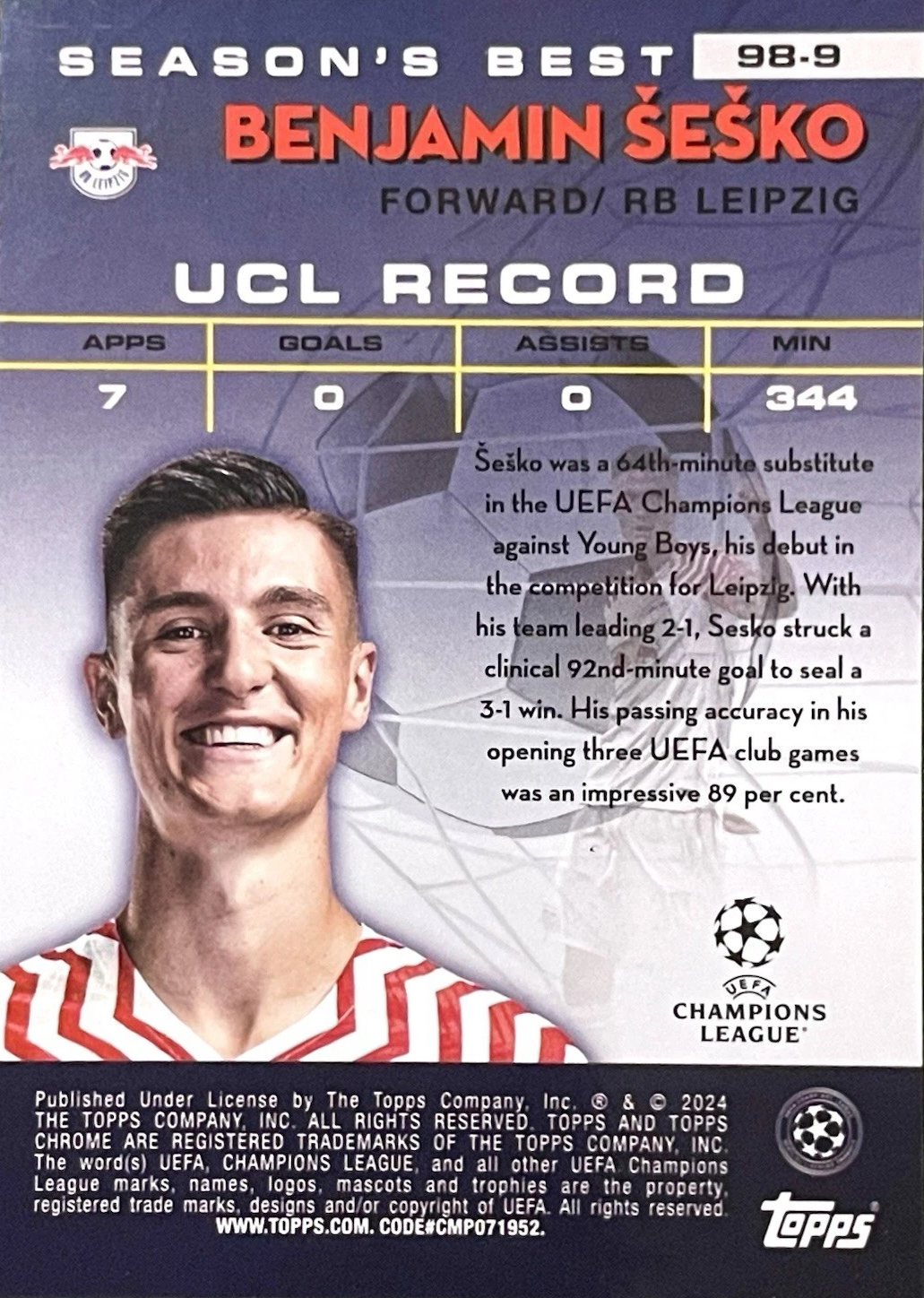 Benjamin Šeško - Shooting Stars - Topps Chrome UEFA Club Competitions 23/24