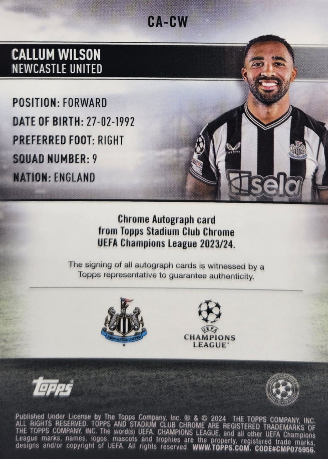 Callum Wilson /99 - Autógrafo original - Stadium Club Chrome UEFA Champions League 23/24