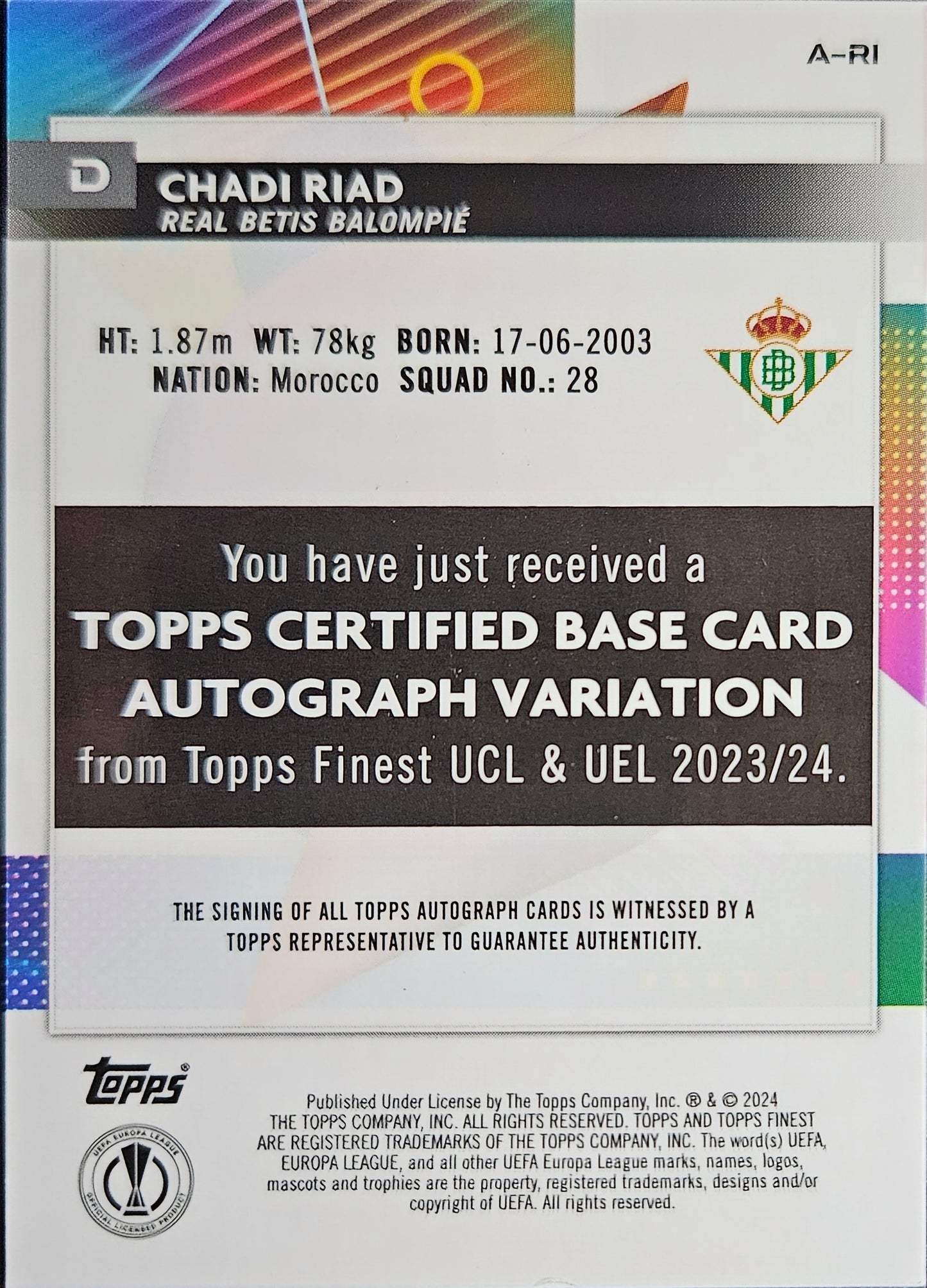 Chadi Riad (RC) /150 - Autógrafo original - Topps Finest UEFA Club Competitions 23/24
