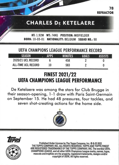 Charles De Ketelaere - Topps Finest UEFA Club Competitions 21/22