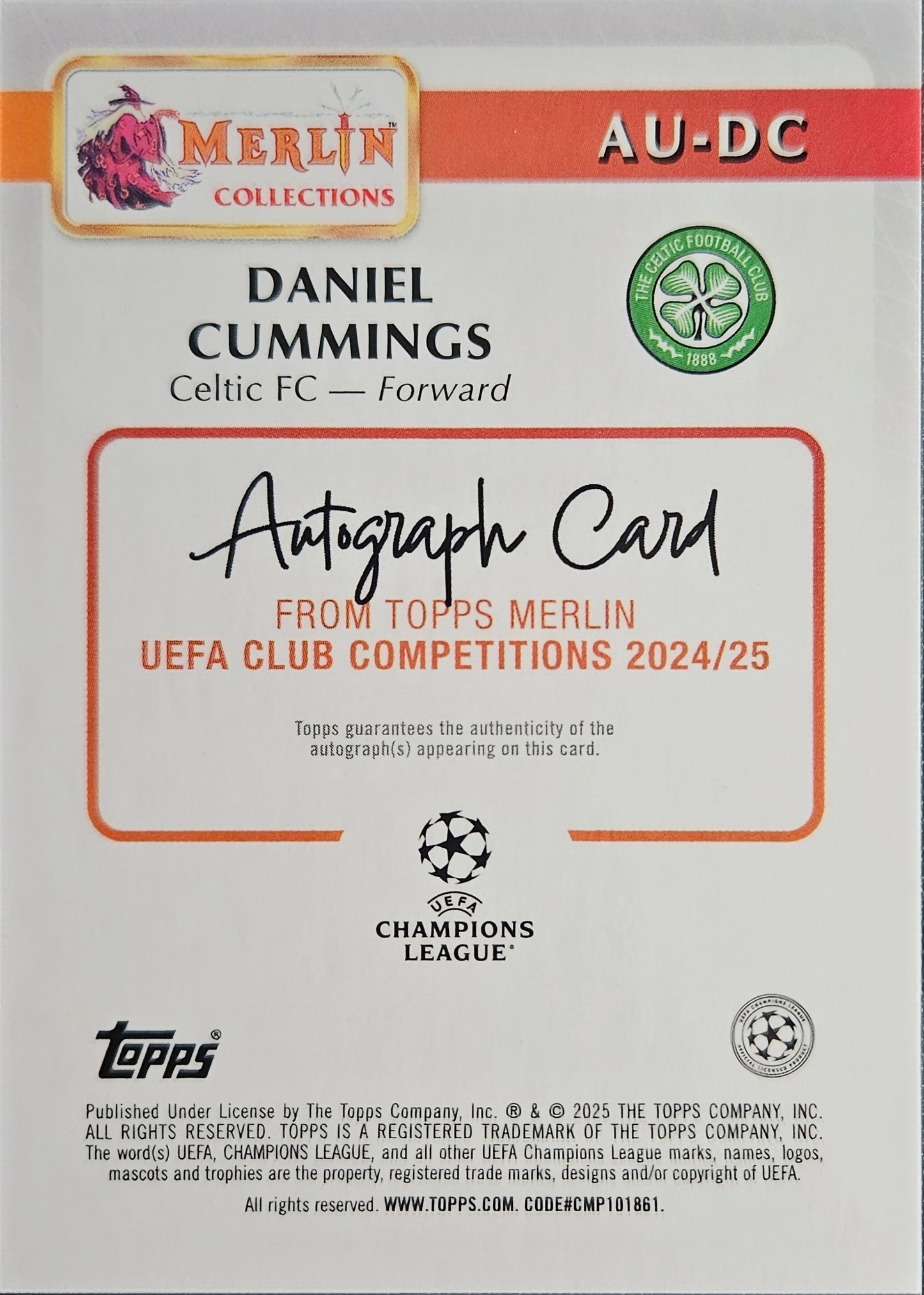 Daniel Cummings (RC) /199 - Autógrafo original - Merlin UEFA Club Competitions 25/26