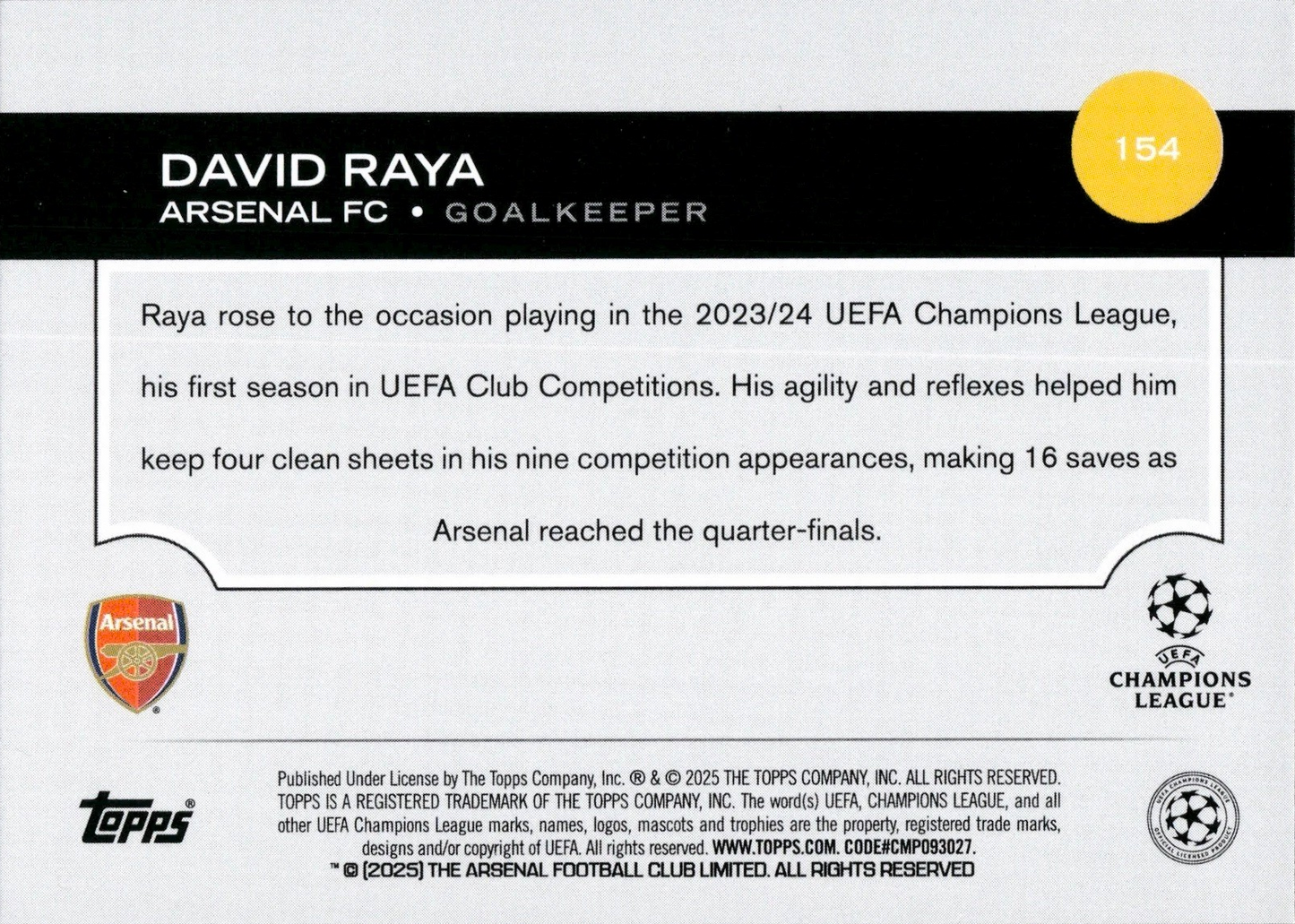 David Raya - UEFA Club Competitions 25/26