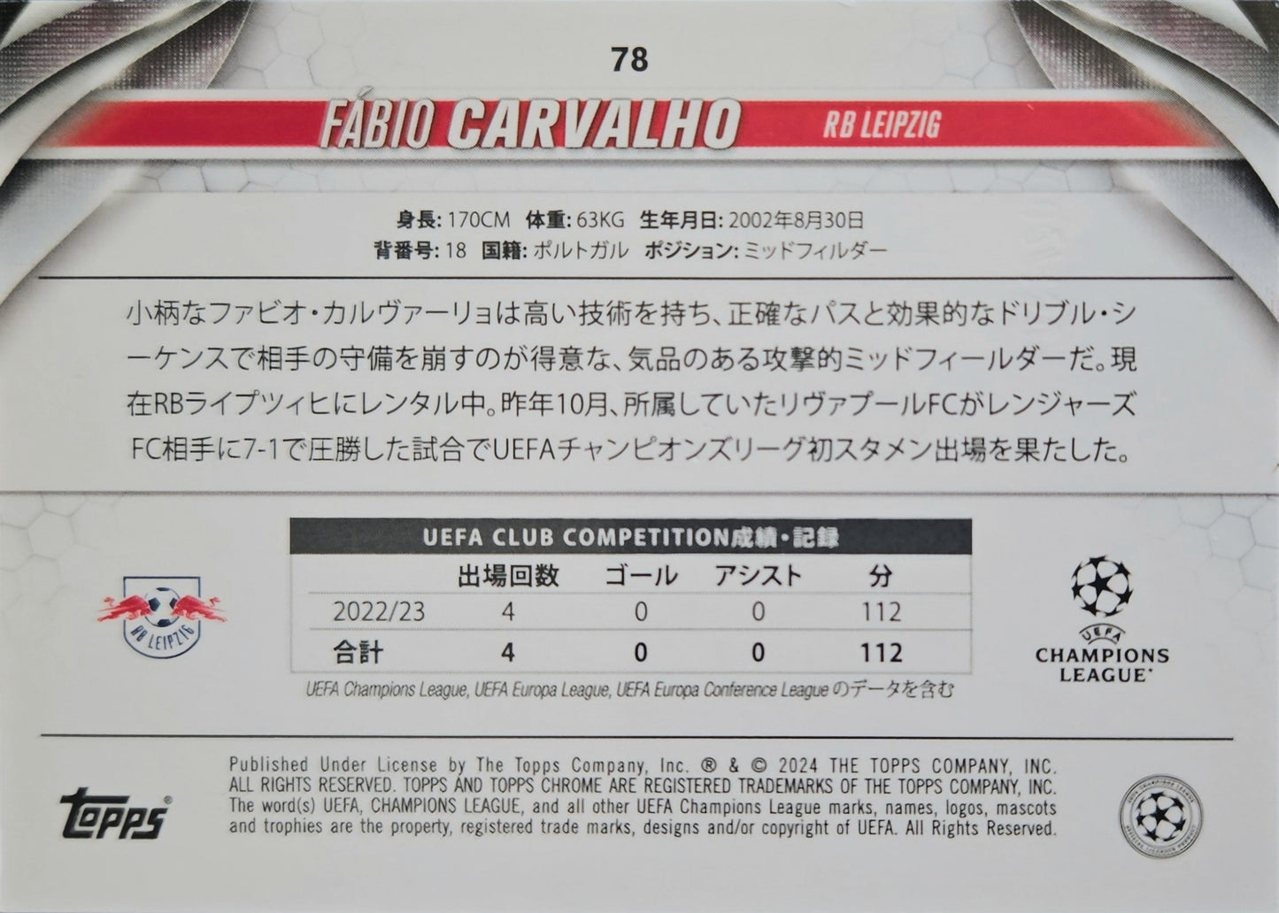 Fábio Carvalho /150 - Topps Chrome UEFA Club Competitions 23/24 (Ed. Japonesa)