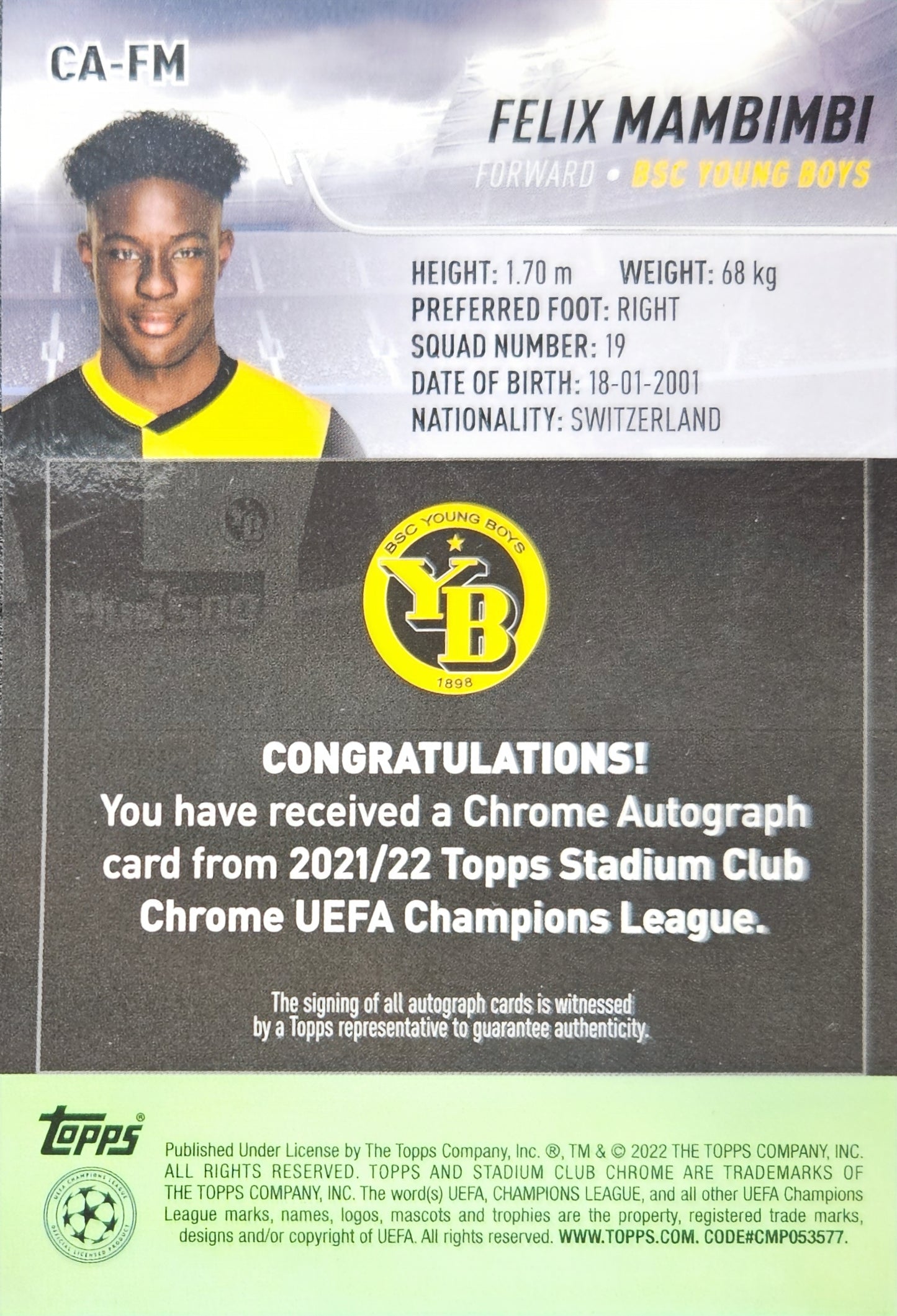 Felix Mambimbi (RC) - Autógrafo original - Stadium Chrome 21/22