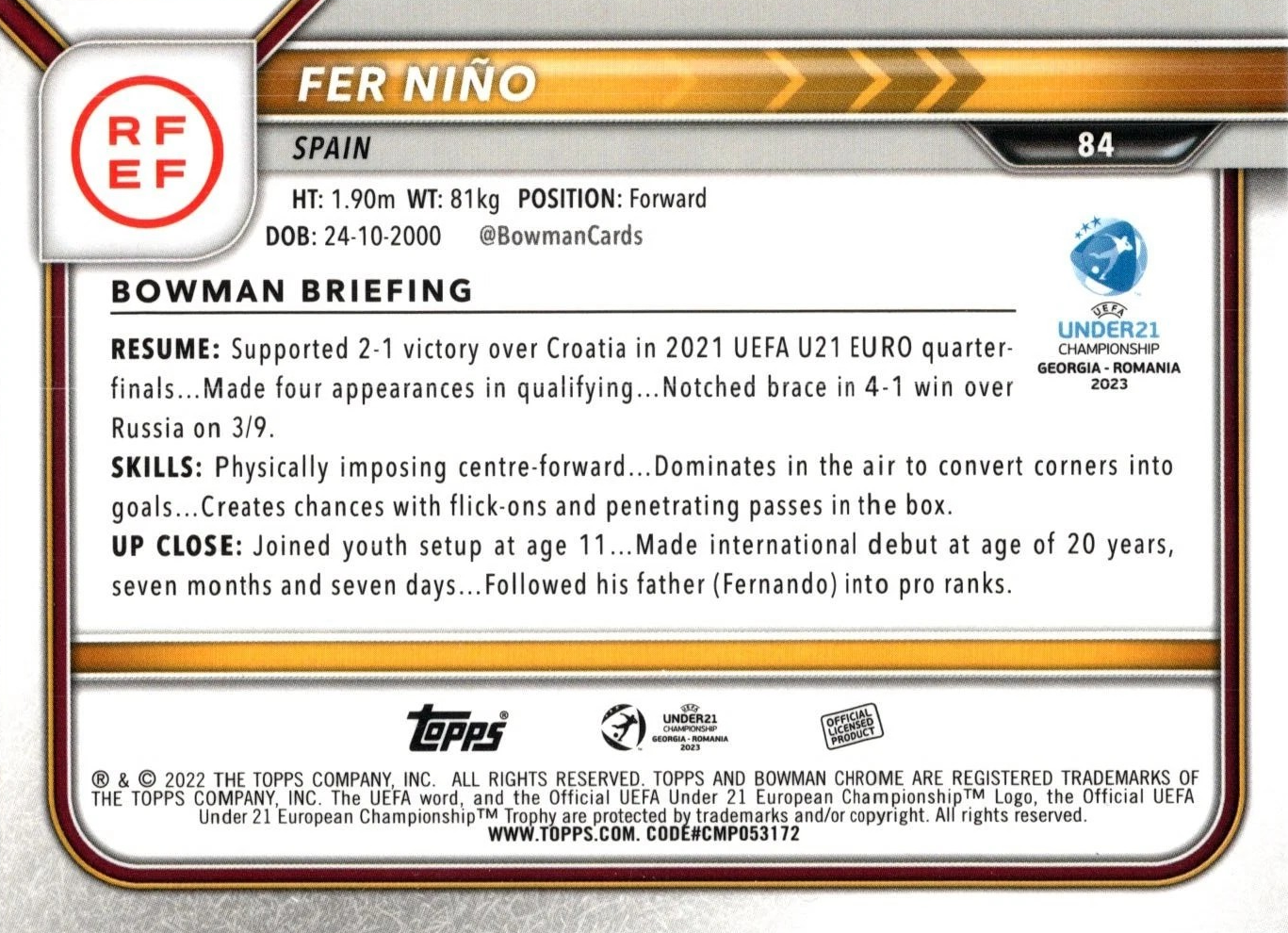 Fer Niño - 1st Bowman - Bowman Chrome UEFA Under 21 Championship Georgia y Romania 2023