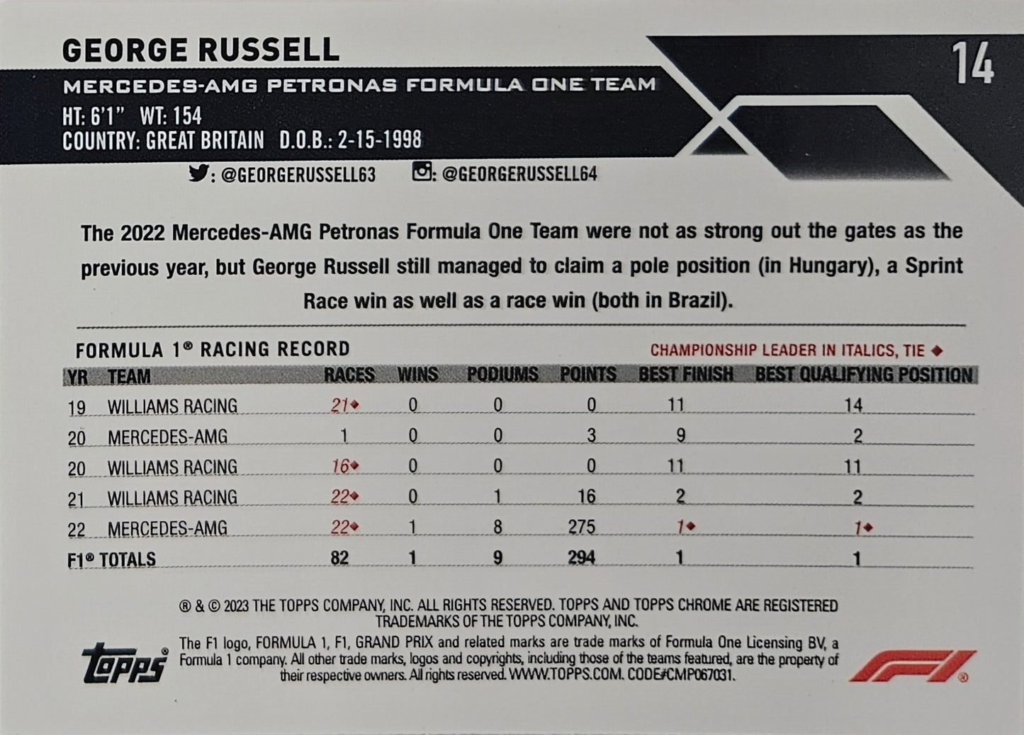 George Russell - Refractor Verde/Rojo #14 - Topps Chrome Formula 1 2023