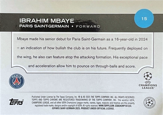 Ibrahim Mbaye (RC) - Pulsar - Topps Chrome UEFA Club Competitions 24/25