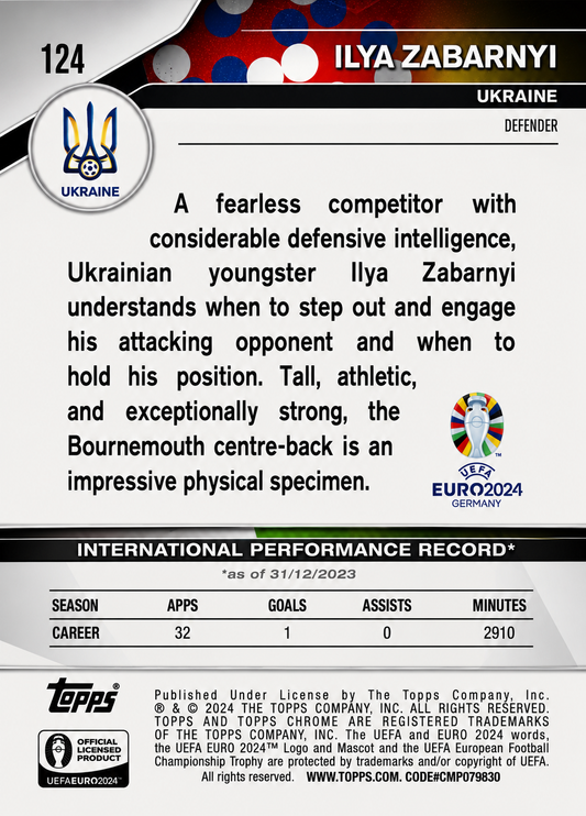 Ilya Zabarnyi /175 - Topps Chrome EURO 2024 Germany