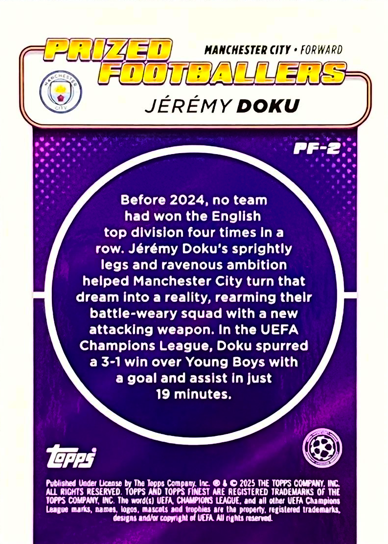 Jérémy Doku - Prized Footballers - Topps Finest UEFA Club Competitions 24/25