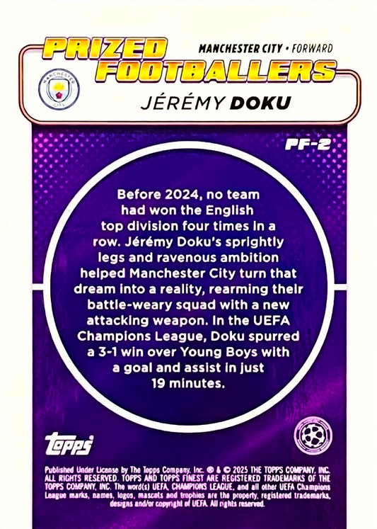 Jérémy Doku - Prized Footballers - Topps Finest UEFA Club Competitions 24/25