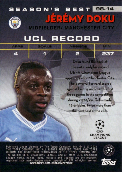 Jérémy Doku - Shooting Stars - Topps Chrome UEFA Club Competitions 23/24