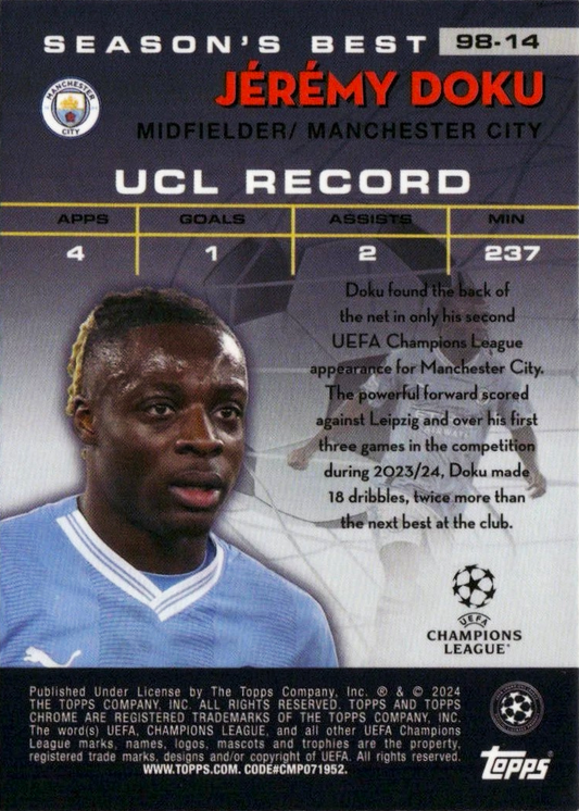 Jérémy Doku - Shooting Stars - Topps Chrome UEFA Club Competitions 23/24