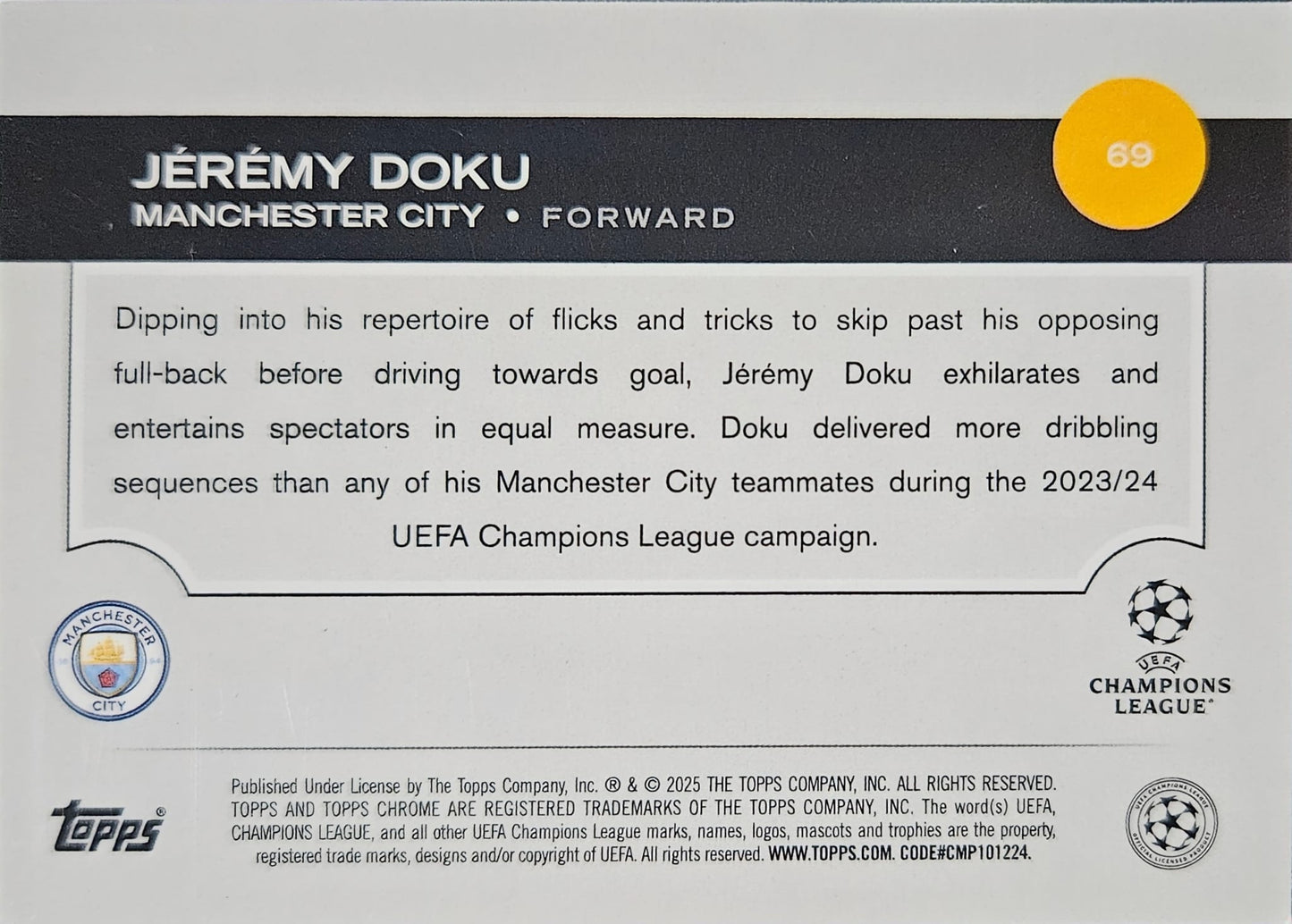 Jérémy Doku - Topps Chrome UEFA Club Competitions 24/25