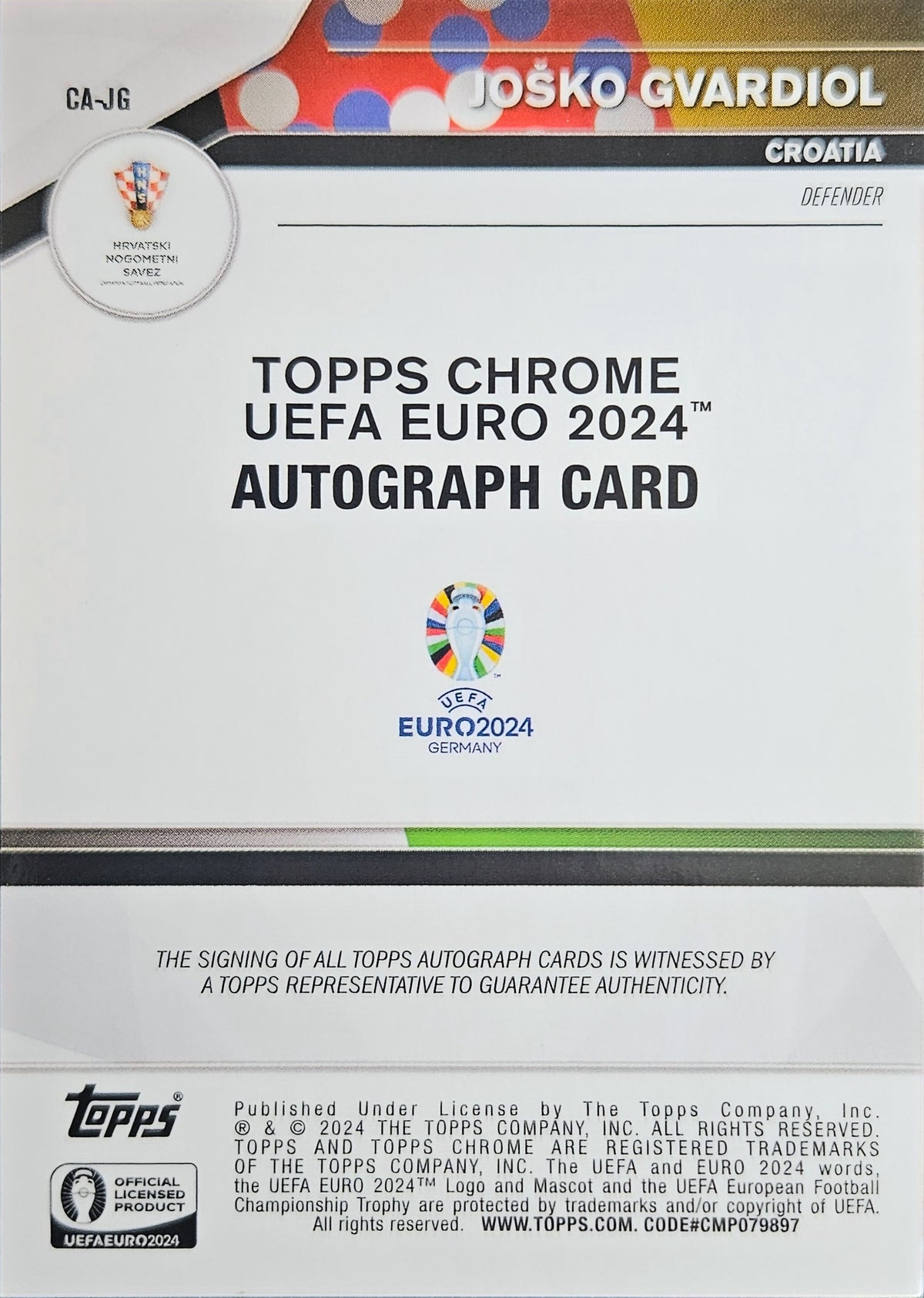 Joško Gvardiol - Autógrafo original Refractor - Topps Chrome UEFA Euro 2024 Germany