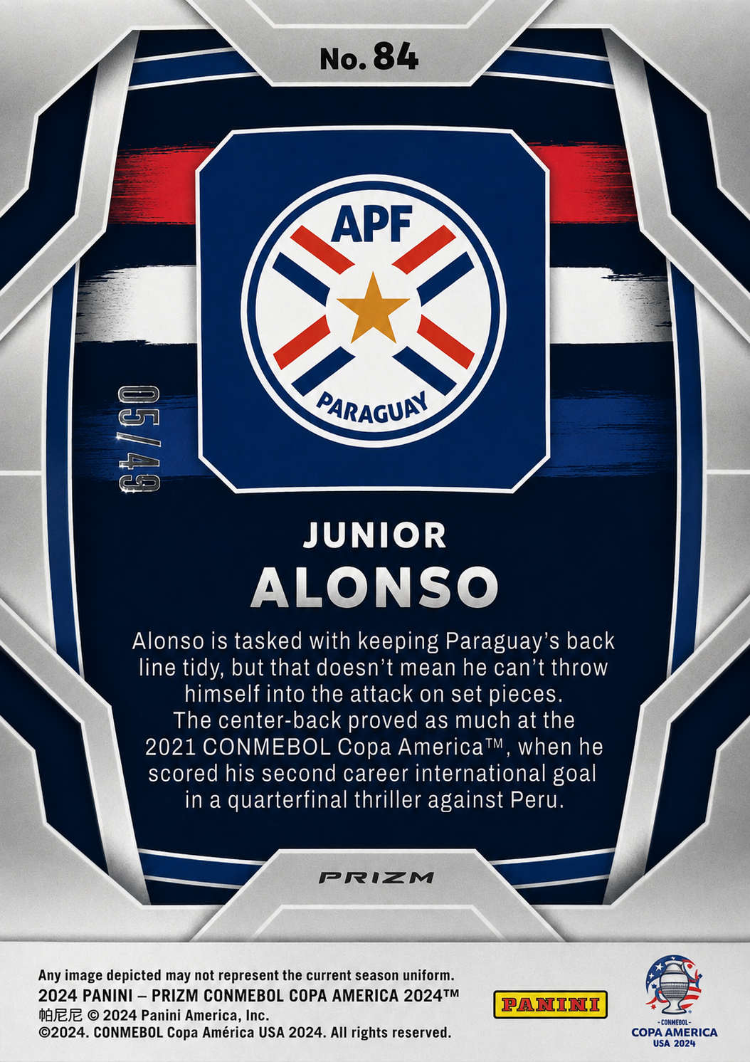 Junior Alonso (RC) /49 - Prizm CONMEBOL Copa América 2024