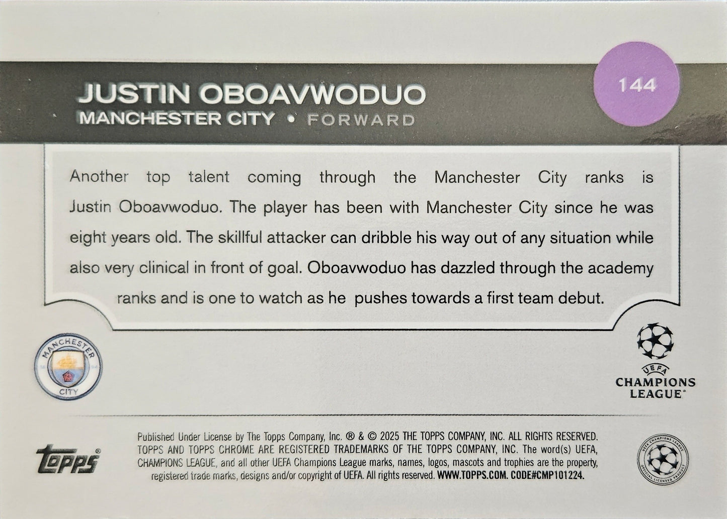 Justin Oboavwoduo (RC) /299 - Topps Chrome UEFA Club Competitions 24/25