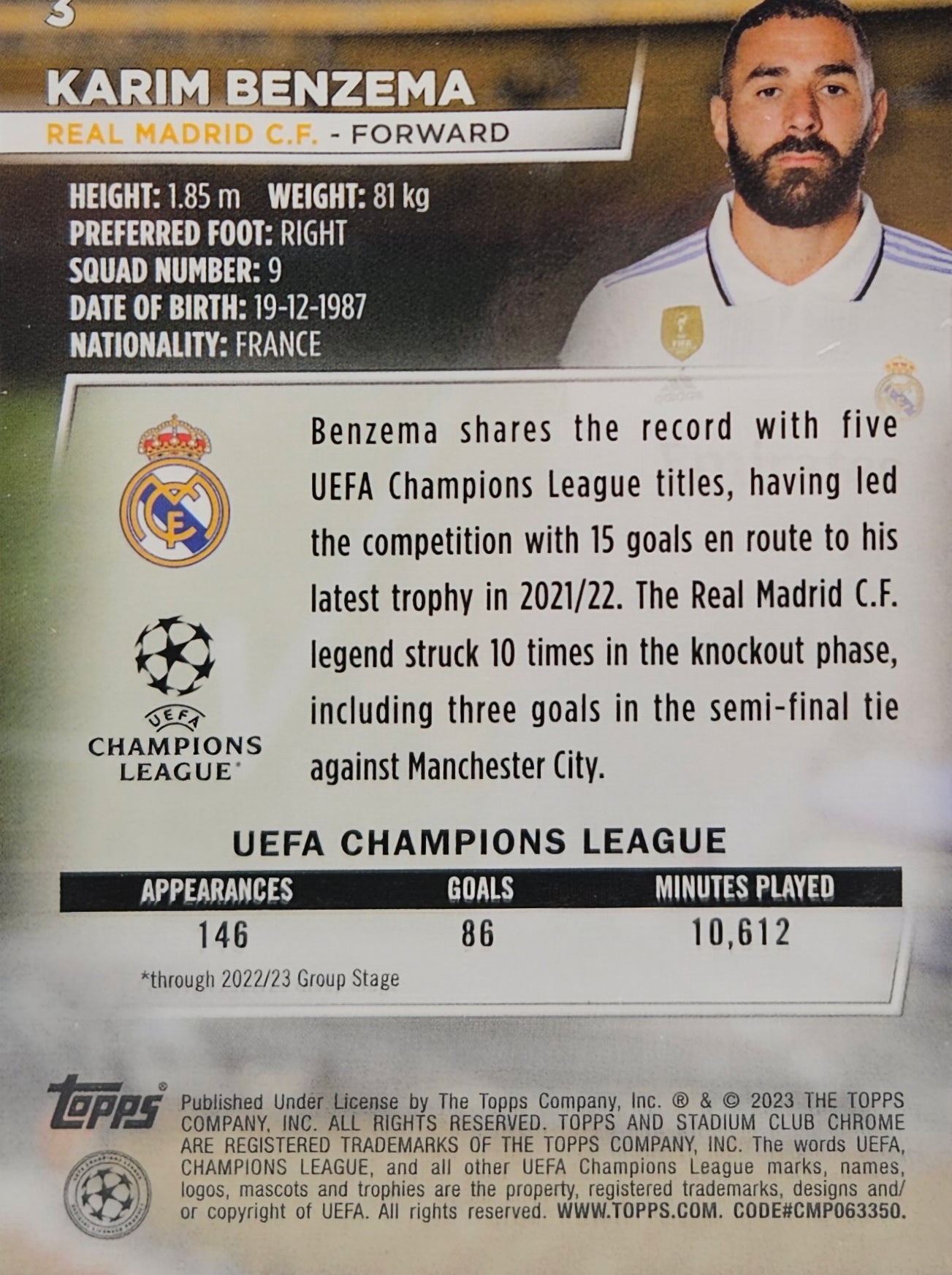 Karim Benzema - Stadium Club Chrome 22/23