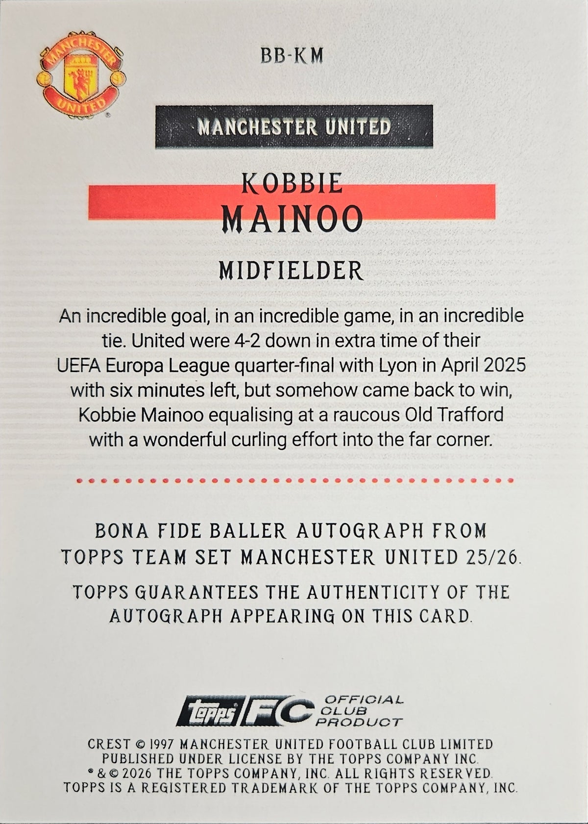Kobbie Mainoo /150 - Autógrafo original - Team Set Manchester United 25/26