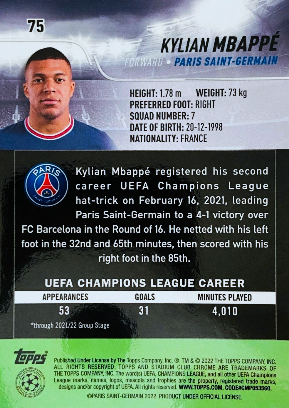 Kylian Mbappé - Prisma - Stadium Club Chrome UEFA Champions League 21/22