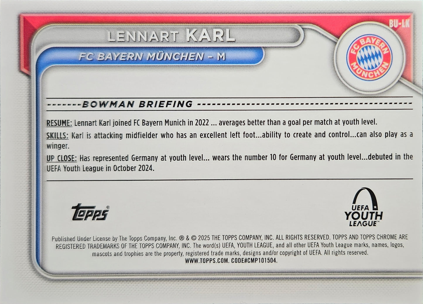 Lennart Karl - Topps Chrome Bowman 1st UEFA Youth League