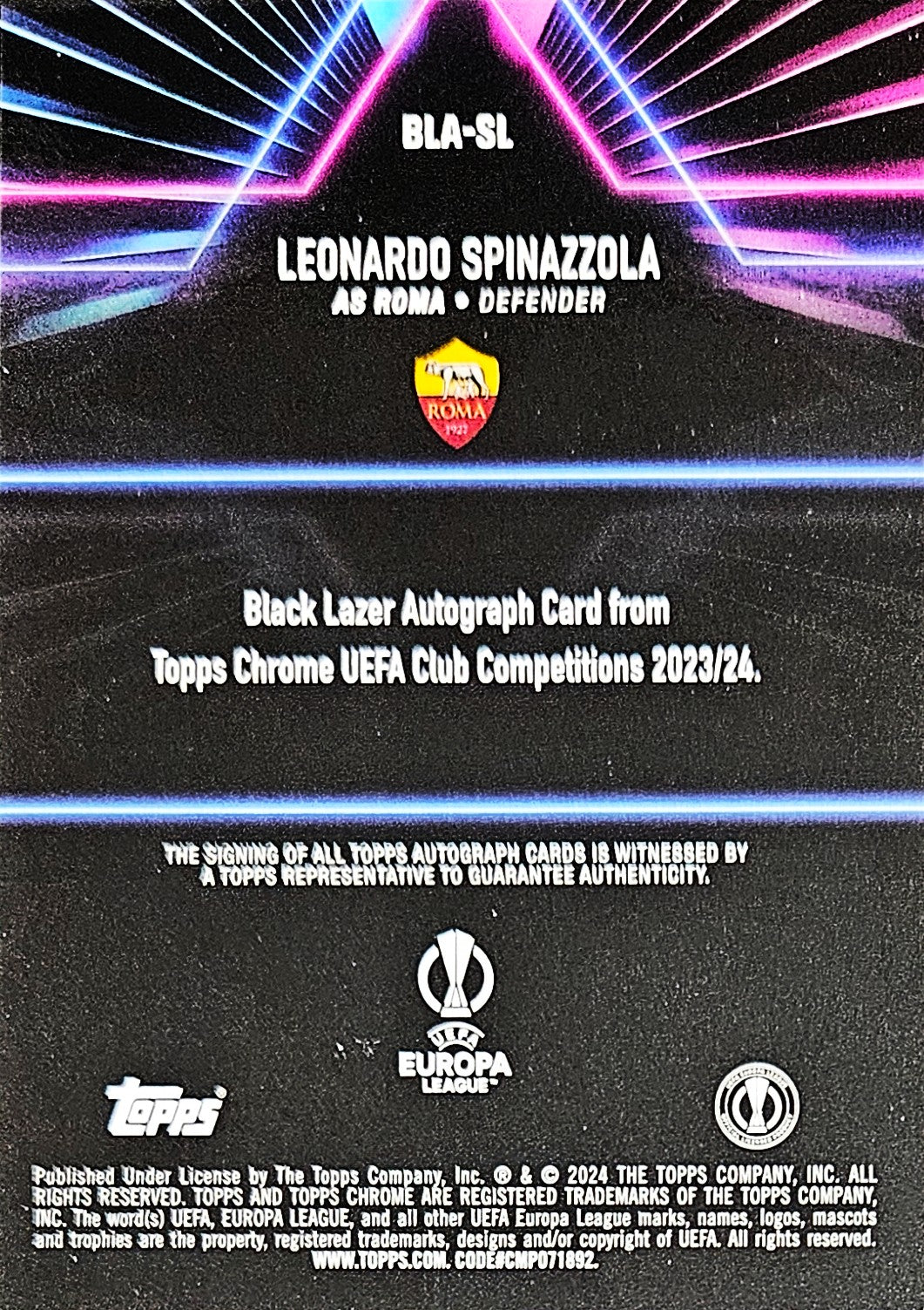 Leonardo Spinazzola - Autógrafo original - Topps Chrome UEFA Club Competitions 23/24