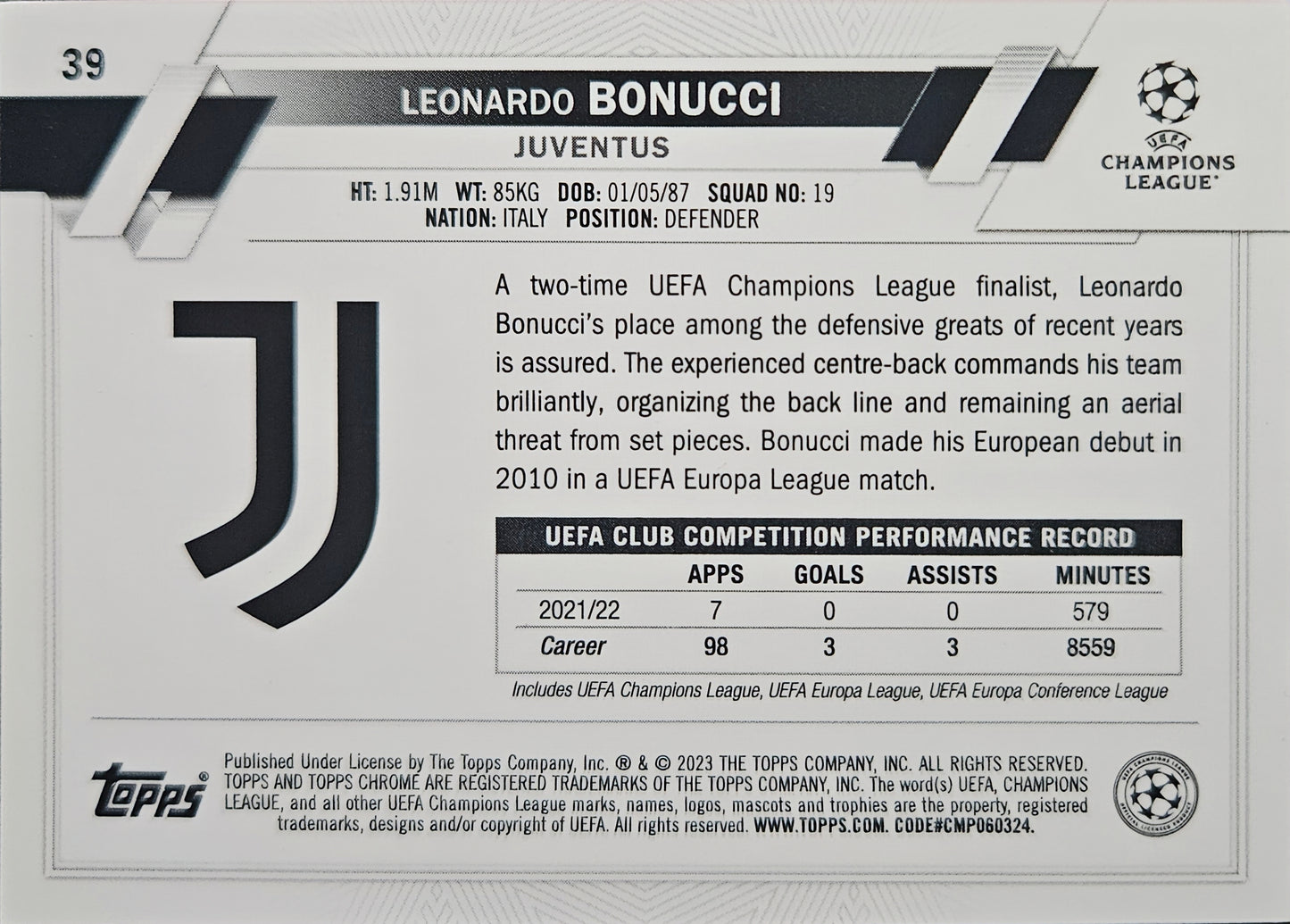 Leonardo Bonucci - Topps Chrome Sapphire UEFA Club Competitions 22/23