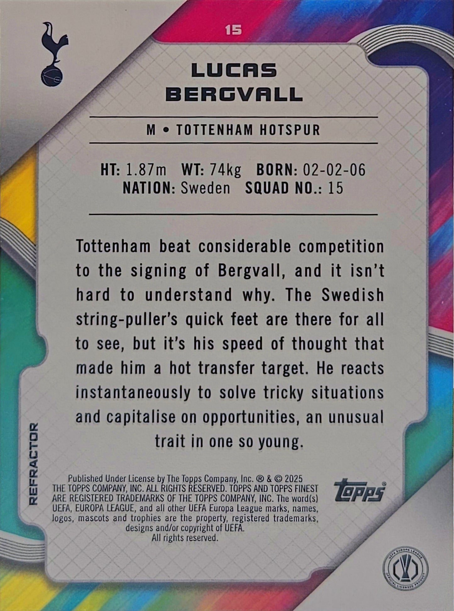 Lucas Bergvall (RC) - Refractor - Topps Finest UEFA Club Competitions 24/25