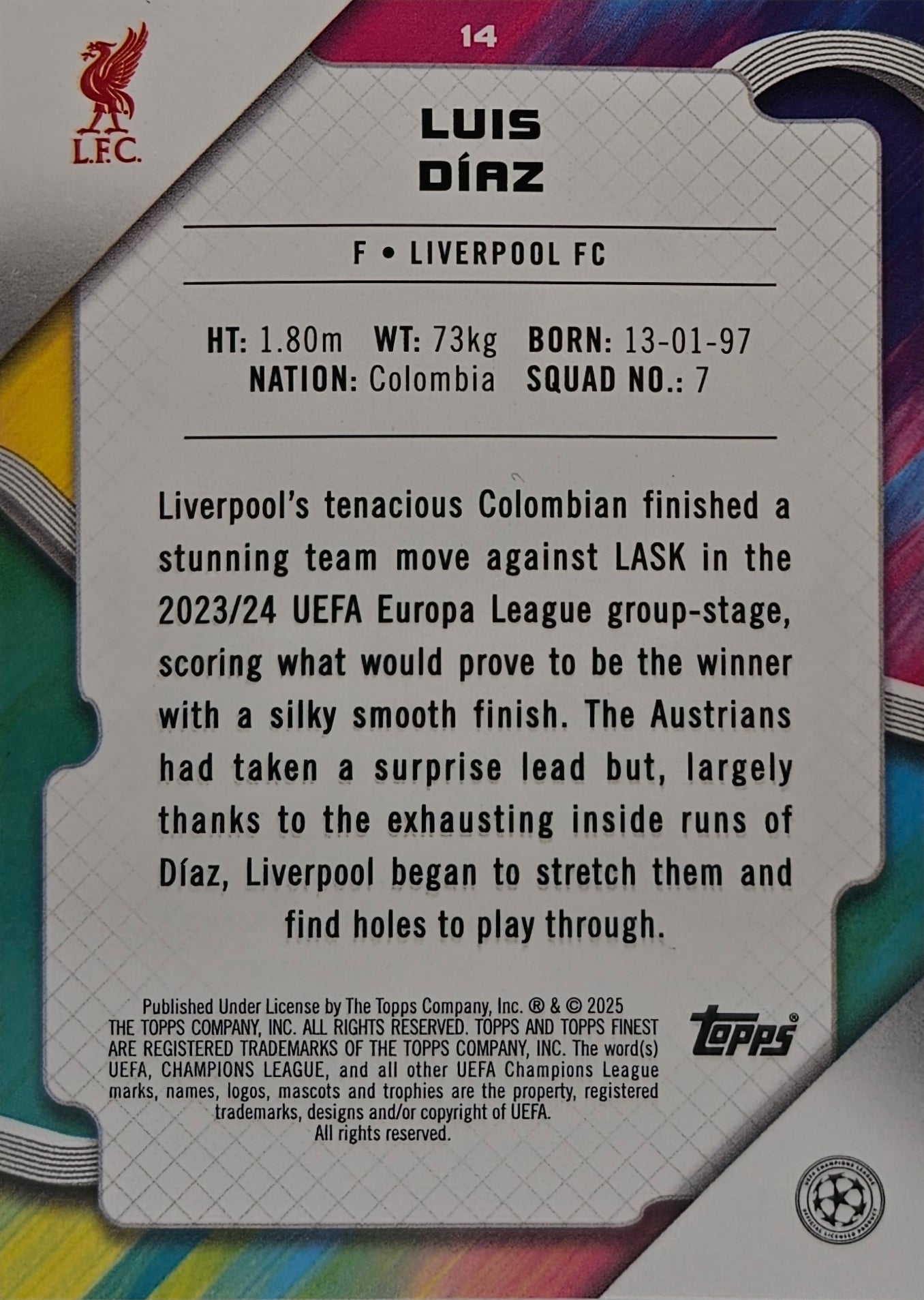 Luis Díaz /199 - Topps Finest UEFA Club Competitions 24/25