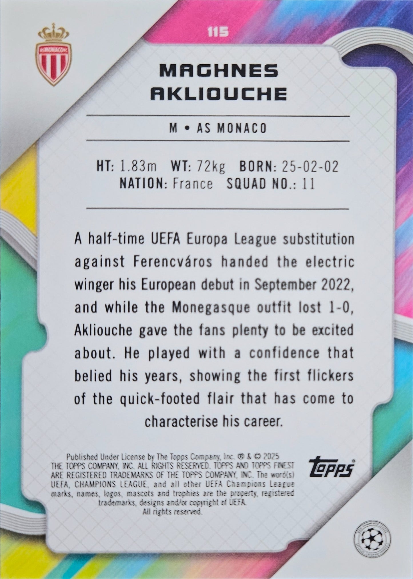Maghnes Akliouche /199 - Topps Finest UEFA Club Competitions 24/25