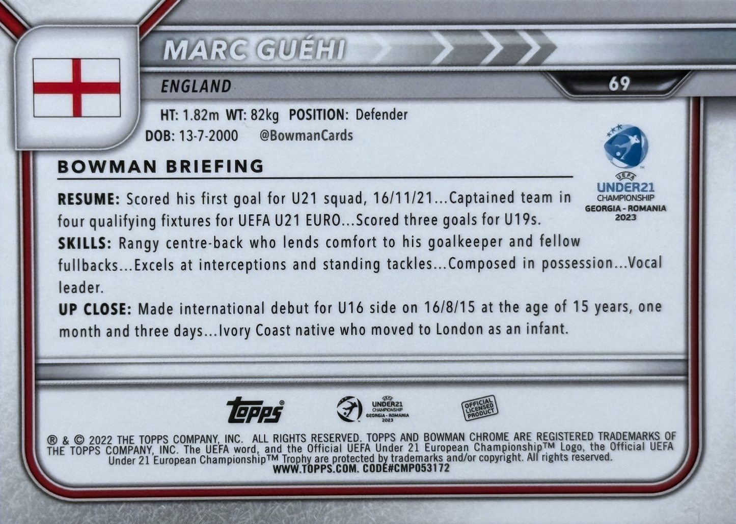 Marc Guéhi - 1st Bowman - Bowman Chrome UEFA Under 21 Championship Georgia y Romania 2023