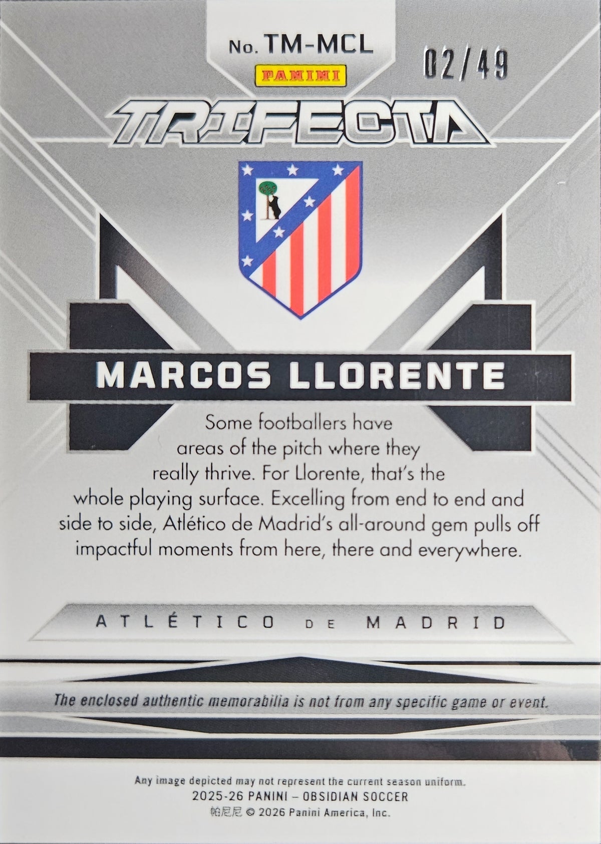 Marcos Llorente /49 - Parche Trifecta - Obsidian Soccer 25/26