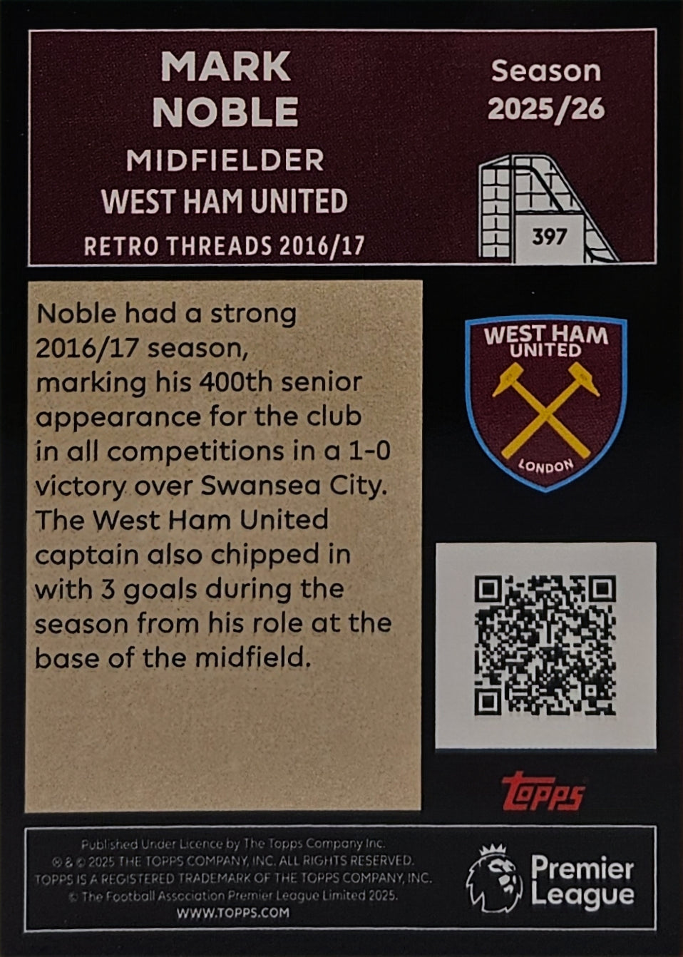 Mark Noble - Retro Threads - Topps Premier League 2026