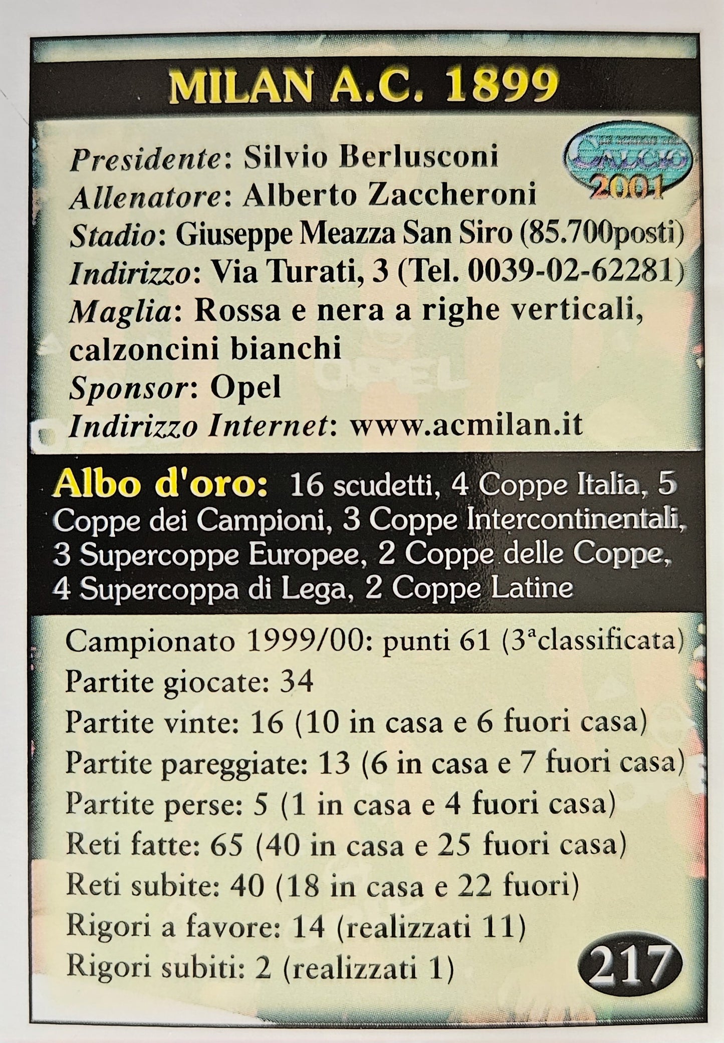 Milan 2000/2001 - Las Fichas del Calcio 2001
