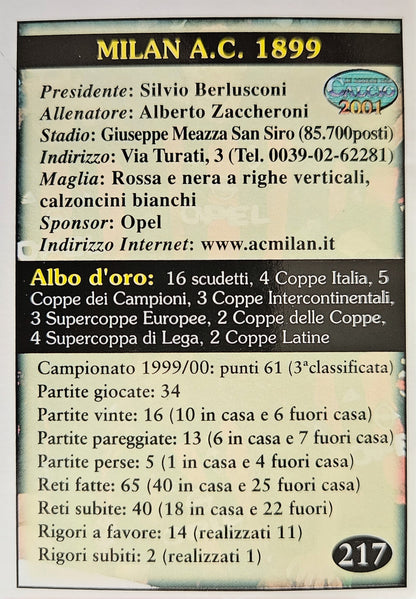 Milan 2000/2001 - Las Fichas del Calcio 2001
