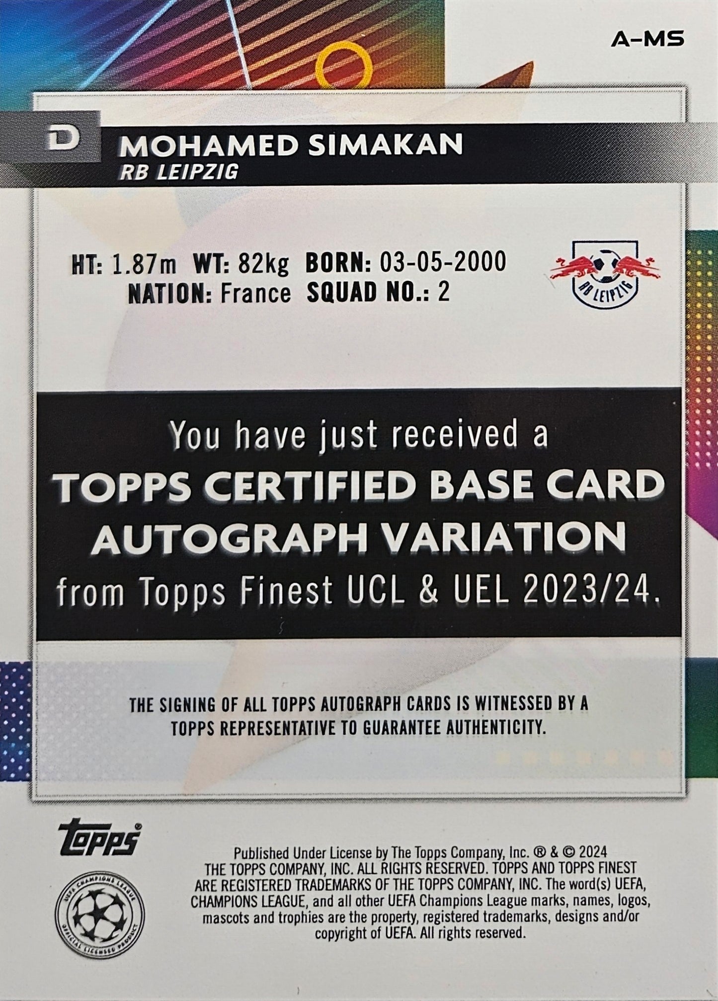 Mohamed Simakan /199 - Autógrafo original - Topps Finest UEFA Club Competitions 23/24